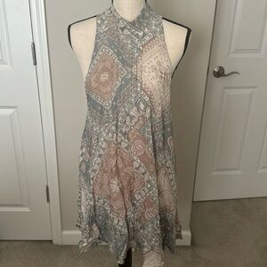 FREE PEOPLE, high neck greenish-gray & beige patterned dress, SIZE M